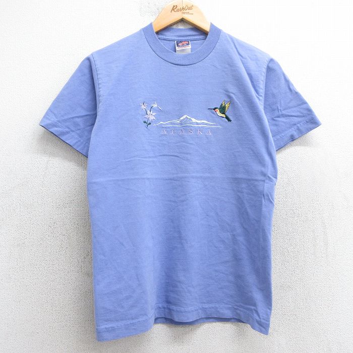 S★古着 半袖 ビンテージ Tシャツ メンズ 00年代 00s アラスカ 鳥 花 刺繍 コットン クルーネック 薄紫 パープル 25jul16 中古