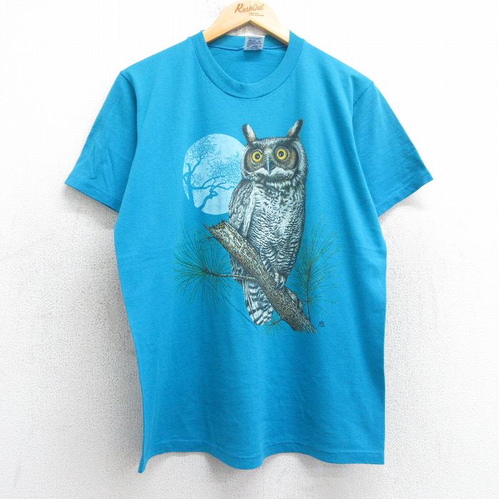 L★古着 ジャージーズ 半袖 ビンテージ Tシャツ メンズ 80年代 80s フクロウ クルーネック USA製 水色 【spe】 25jul16 中古