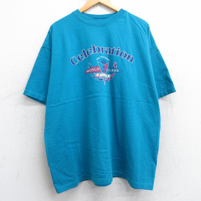 XL★古着 半袖 ビンテージ Tシャツ メンズ 90年代 90s Celebration 大きいサイズ コットン クルーネック USA製 水色 25jul16 中古