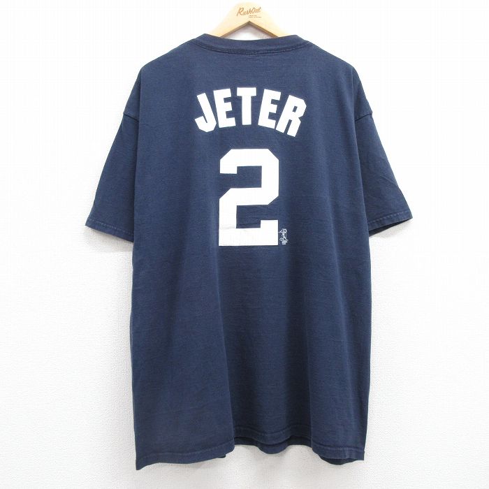 XL★古着 マジェスティック 半袖 ビンテージ Tシャツ メンズ 00年代 00s MLB ニューヨークヤンキース デレクジーター 2 大きいサイズ コットン クルーネック 紺 ネイビー メジャーリーグ ベースボール 野球 25jul16 中古