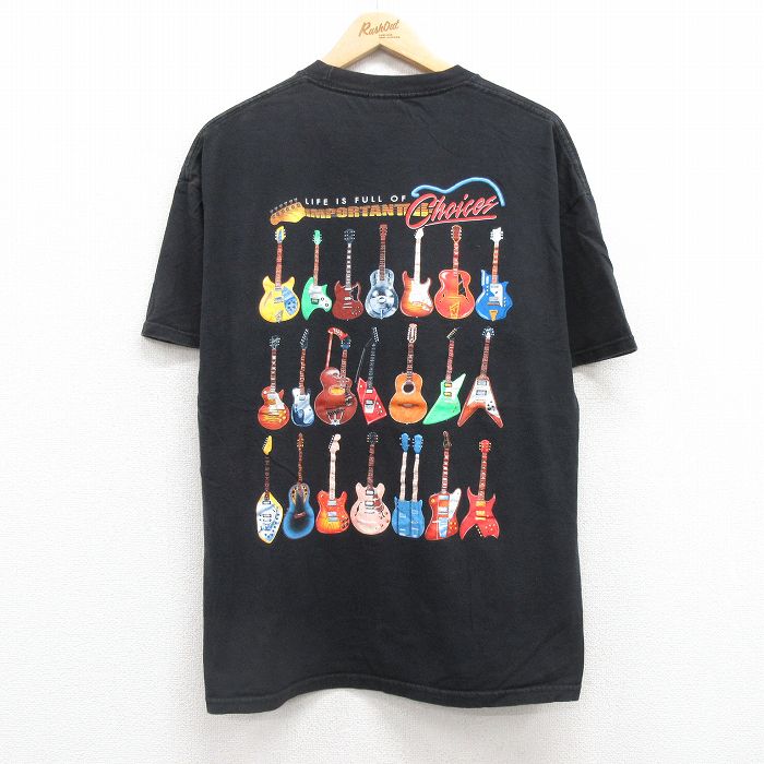 XL★古着 半袖 ビンテージ Tシャツ メンズ 00年代 00s ギター コットン クルーネック 黒 ブラック 25jul16 中古