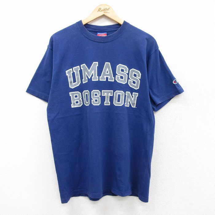 L★古着 チャンピオン Champion 半袖 ビンテージ Tシャツ メンズ 00年代 00s ユーマスボストン コットン クルーネック 紺 ネイビー 25jul17 中古