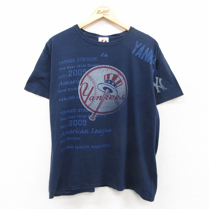 L★古着 マジェスティック 半袖 ビンテージ Tシャツ メンズ 00年代 00s MLB ニューヨークヤンキース コットン クルーネック 紺 ネイビー メジャーリーグ ベースボール 野球 25jul17 中古
