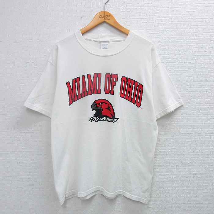 【50%OFF】L★古着 半袖 ビンテージ Tシャツ メンズ 00年代 00s マイアミレッドホークス オハイオ コットン クルーネック 白 ホワイト 25jul17 中古