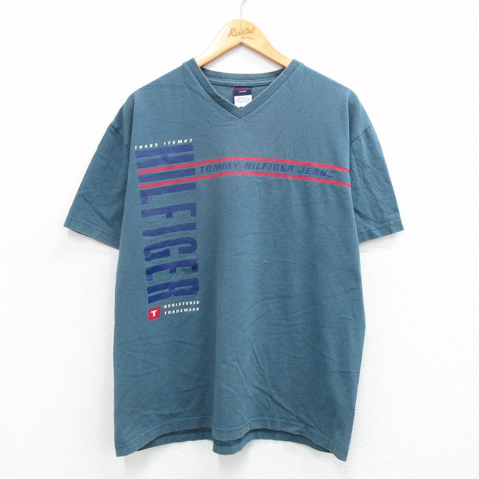 XL★古着 トミーヒルフィガー TOMMY HILFIGER トミージーンズ 半袖 ビンテージ ブランド Tシャツ メンズ 90年代 90s ビッグロゴ コットン Vネック USA製 紺系 ネイビー 【spe】 25jul17 中古