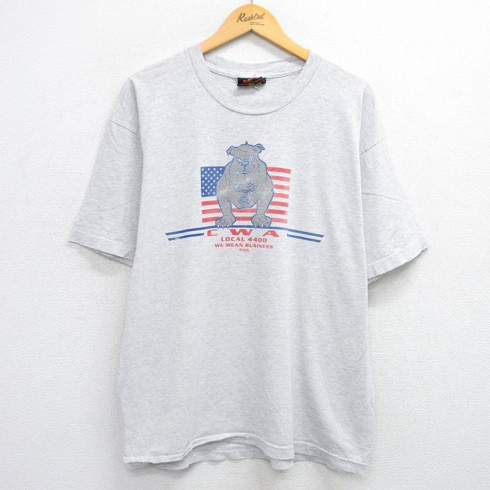 XL★古着 半袖 ビンテージ Tシャツ メンズ 90年代 90s ブルドッグ 星条旗 CWA クルーネック USA製 薄グレー 霜降り 25jul17 中古