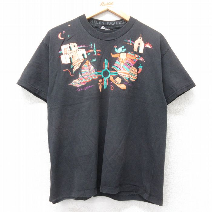 M★古着 半袖 ビンテージ Tシャツ メンズ 90年代 90s サボテン バッファロースカル ラメ クルーネック 黒 ブラック 25jul18 中古