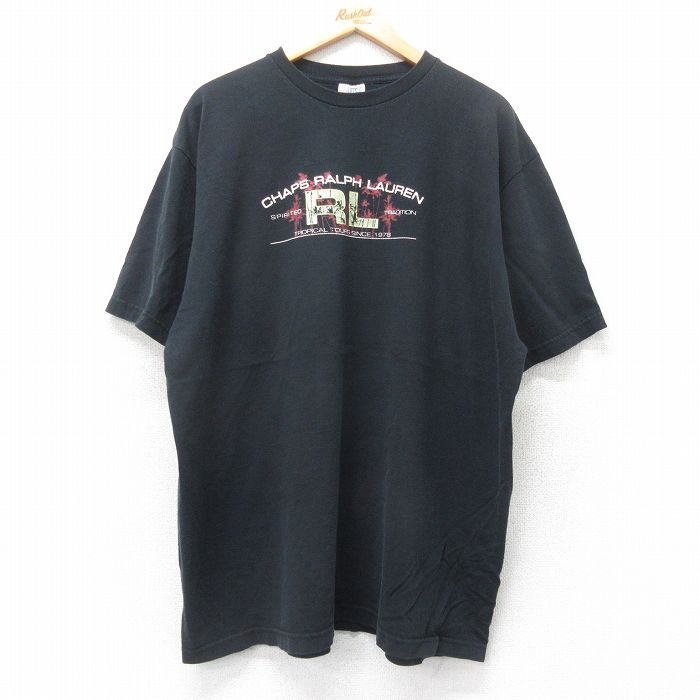 XL★古着 ラルフローレン Ralph Lauren チャップス 半袖 ビンテージ ブランド Tシャツ メンズ 90年代 90s ビッグロゴ 大きいサイズ ロング丈 クルーネック 黒 ブラック 【spe】 25jul18 中古