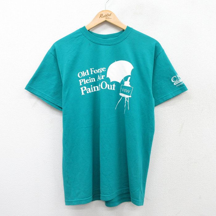 L★古着 半袖 ビンテージ Tシャツ メンズ 00年代 00s Paint Out クルーネック 青緑 25jul18 中古