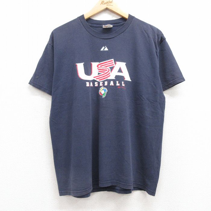 【50%OFF】L★古着 マジェスティック 半袖 ビンテージ Tシャツ メンズ 00年代 00s WB メジャーリーグ ベースボール 野球C USAベースボール ジェイソンバリテック 33 コットン クルーネック 紺 ネイビー 25jul18 中古