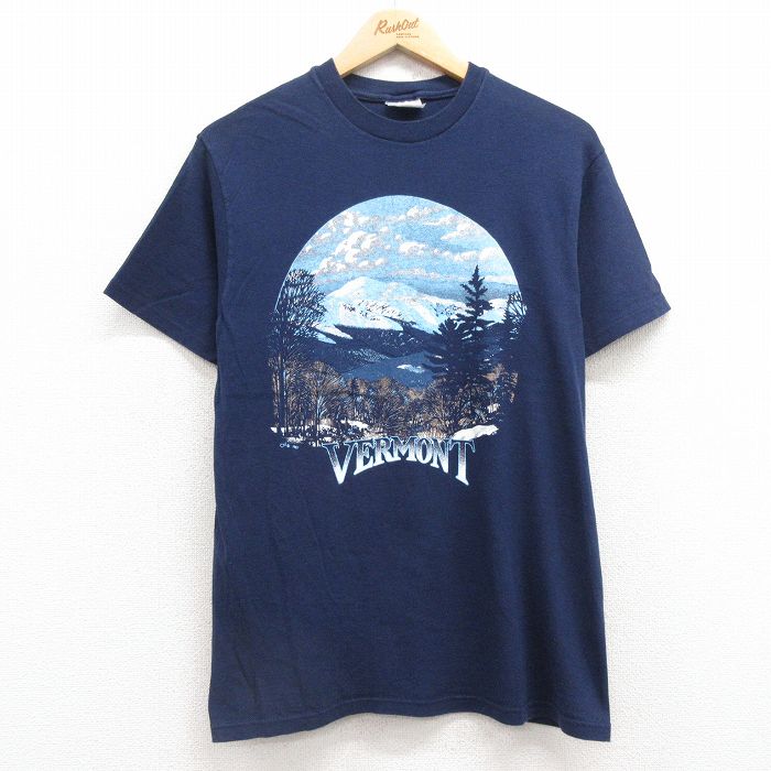 【50%OFF】M★古着 ヘインズ Hanes 半袖 ビンテージ Tシャツ メンズ 80年代 80s バーモント コットン クルーネック USA製 紺 ネイビー 25jul18 中古