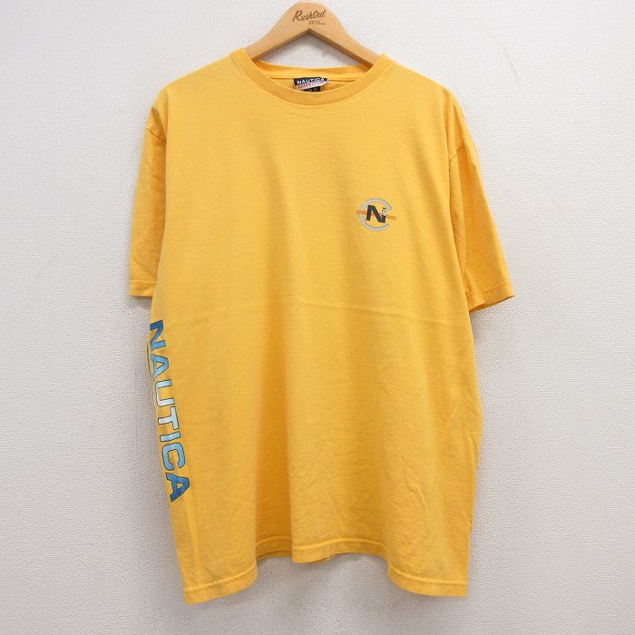 【50%OFF】XL★古着 ノーティカ NAUTICA 半袖 ビンテージ ブランド Tシャツ メンズ 90年代 90s ワンポイントロゴ コンペティション 大きいサイズ コットン クルーネック USA製 黄 イエロー 【spe】 25jul24 中古