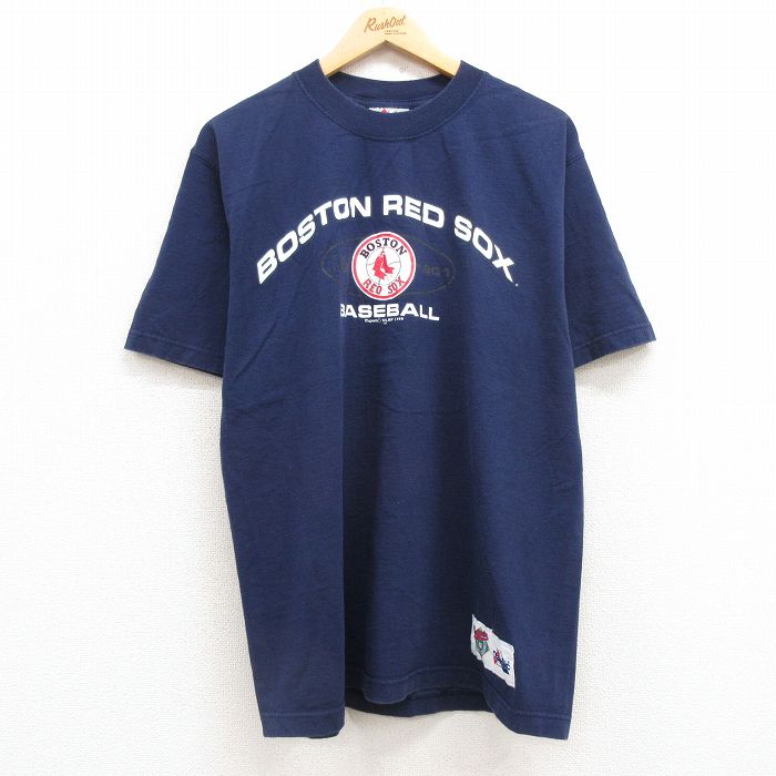 L★古着 マジェスティック 半袖 ビンテージ Tシャツ メンズ 90年代 90s MLB ボストンレッドソックス コットン クルーネック 紺 ネイビー メジャーリーグ ベースボール 野球 25jul24 中古