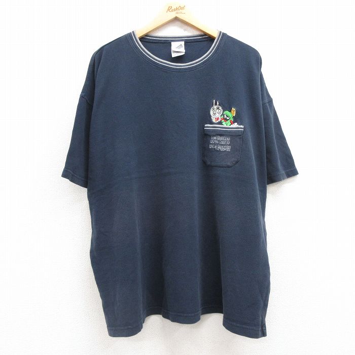 XL★古着 半袖 ビンテージ Tシャツ メンズ 90年代 90s ルーニーテューンズ LOONEY TUNES マービンザマーシャン 鹿の子 胸ポケット付き 大きいサイズ コットン クルーネック 紺 ネイビー 【spe】 25jul24 中古