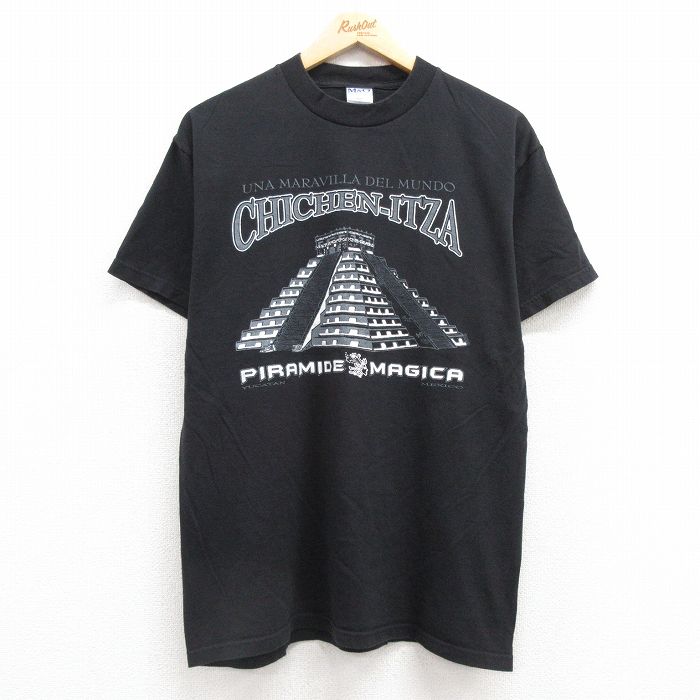 【20%OFF】M★古着 半袖 ビンテージ Tシャツ メンズ 00年代 00s チチェンイッツァ コットン クルーネック 黒 ブラック 25jul24 中古
