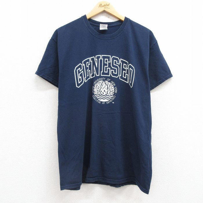 L★古着 半袖 ビンテージ Tシャツ メンズ 00年代 00s ニューヨーク ジェネセロ カレッジ コットン クルーネック 紺 ネイビー 25jul24 中古