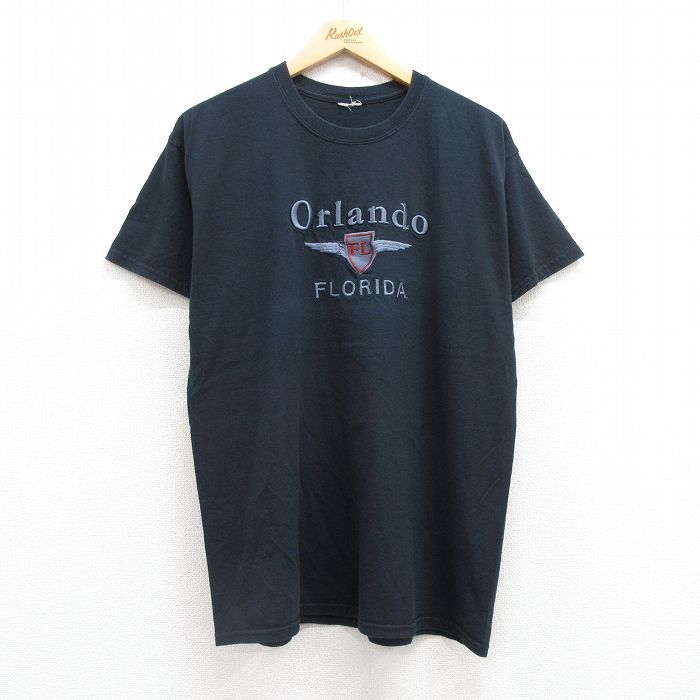 L★古着 半袖 ビンテージ Tシャツ メンズ 00年代 00s オーランド フロリダ 刺繍 クルーネック 黒 ブラック 25jul24 中古