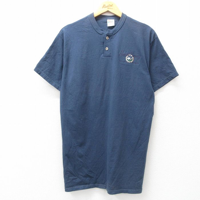 L★古着 半袖 ビンテージ Tシャツ メンズ 90年代 90s Rockside Brewery コットン ヘンリーネック 紺 ネイビー 25jul24 中古