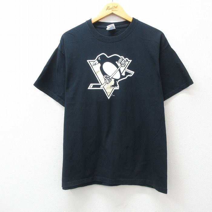 L★古着 半袖 ビンテージ Tシャツ メンズ 00年代 00s NHL ピッツバーグペンギンズ シドニークロスビー 87 コットン クルーネック 黒 ブラック アイスホッケー 25jul24 中古