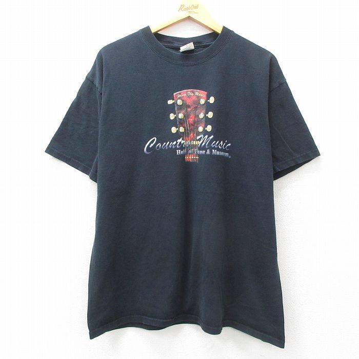 XL★古着 半袖 ビンテージ Tシャツ メンズ 00年代 00s ギター コットン クルーネック 黒 ブラック 25jul24 中古