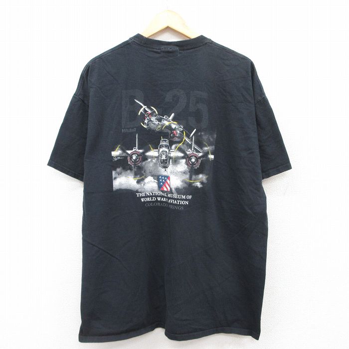 XL★古着 半袖 ビンテージ Tシャツ メンズ 00年代 00s ミリタリー 戦闘機 大きいサイズ コットン クルーネック 黒 ブラック 25jul24 中古