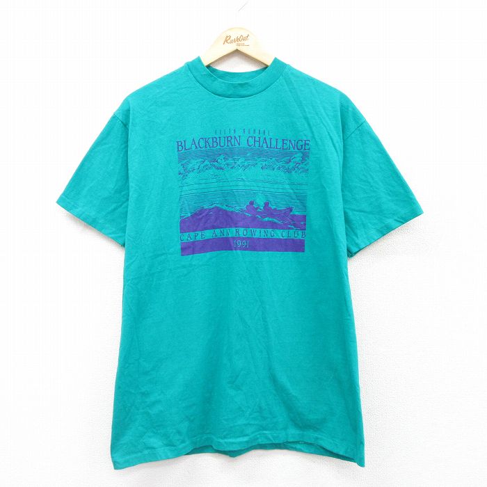 L★古着 ヘインズ Hanes 半袖 ビンテージ Tシャツ メンズ 90年代 90s カヌー コットン クルーネック USA製 青緑 25jul24 中古