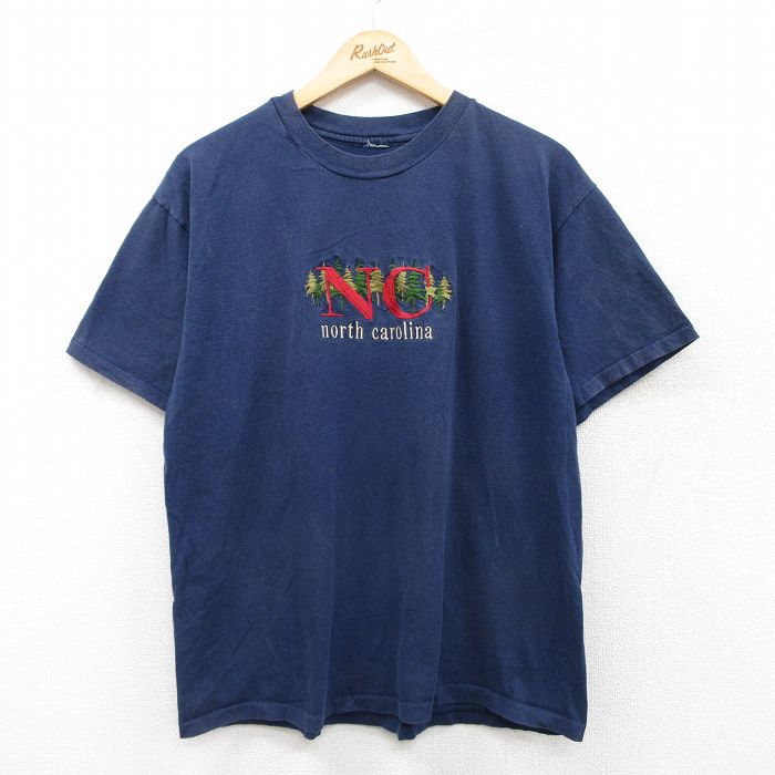 【50%OFF】L★古着 半袖 ビンテージ Tシャツ メンズ 00年代 00s ノースカロライナ 刺繍 クルーネック 紺 ネイビー 25jul24 中古