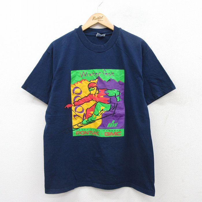 L★古着 ヘインズ Hanes 半袖 ビンテージ Tシャツ メンズ 00年代 00s スキー コットン クルーネック 紺 ネイビー 25jul24 中古