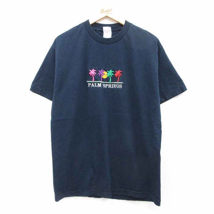 【50%OFF】L★古着 半袖 ビンテージ Tシャツ メンズ 00年代 00s ヤシの木 パームスプリングス 刺繍 コットン クルーネック 紺 ネイビー 25jul24 中古