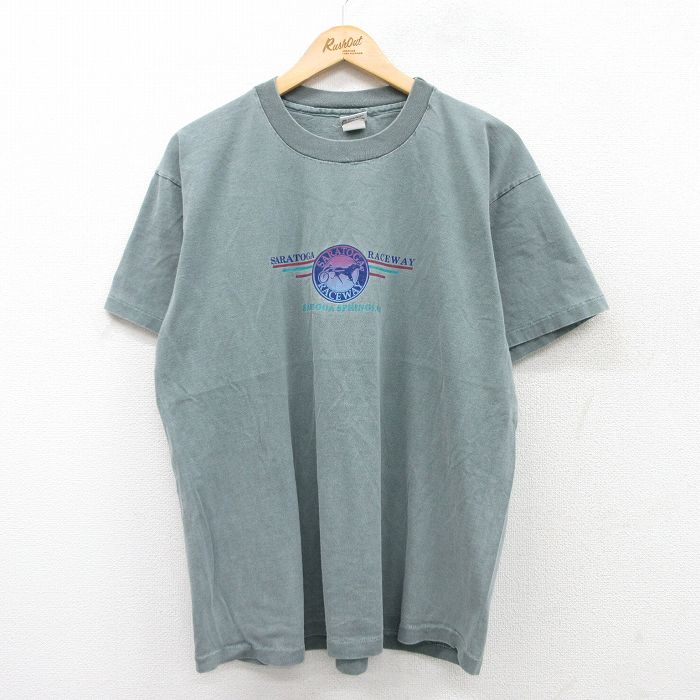 XL★古着 半袖 ビンテージ Tシャツ メンズ 90年代 90s サラトガ レースウェイ コットン クルーネック USA製 グレー 【spe】 25jul24 中古
