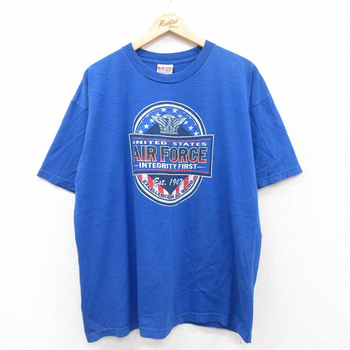 XL★古着 半袖 ビンテージ Tシャツ メンズ 90年代 90s ミリタリー エアフォース 大きいサイズ コットン クルーネック USA製 青 ブルー 25jul24 中古