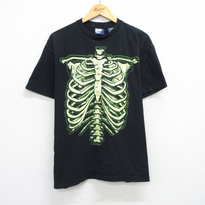 XL★古着 半袖 ビンテージ Tシャツ メンズ 00年代 00s 骨 コットン クルーネック 黒 ブラック 25jul24 中古