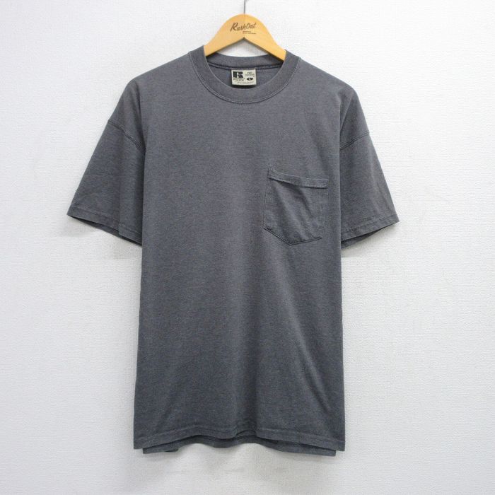 XL★古着 ラッセル 半袖 ビンテージ Tシャツ メンズ 00年代 00s 無地 胸ポケット付き 大きいサイズ クルーネック 濃グレー 霜降り 【spe】 25jul24 中古