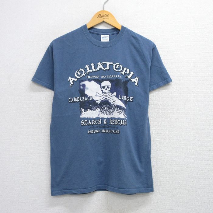 M★古着 半袖 ビンテージ Tシャツ メンズ 00年代 00s スカル アクアトピア コットン クルーネック 薄紺 ネイビー 25jul24 中古