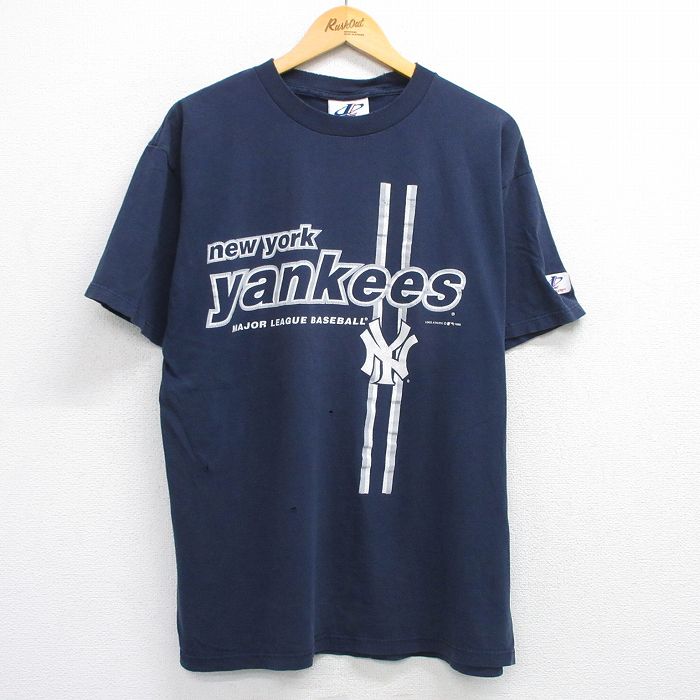 【20%OFF】XL★古着 半袖 ビンテージ Tシャツ メンズ 90年代 90s MLB ニューヨークヤンキース コットン クルーネック 紺 ネイビー メジャーリーグ ベースボール 野球 25jul24 中古