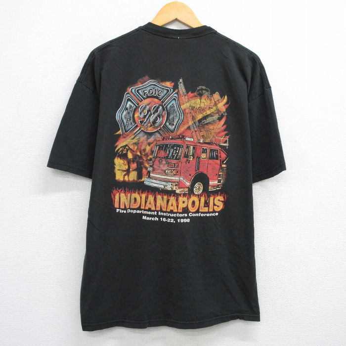 XL★古着 ジャージーズ 半袖 ビンテージ Tシャツ メンズ 90年代 90s　消防車 FDIC 大きいサイズ コットン クルーネック 黒 ブラック 25jul24 中古