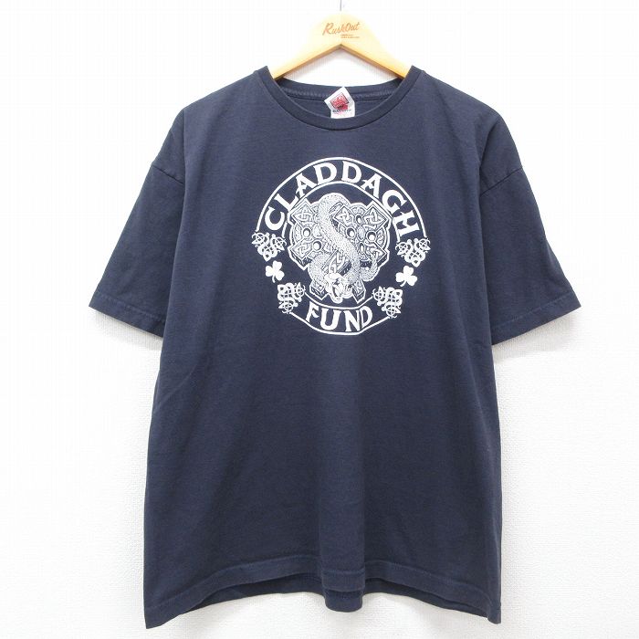 XL★古着 半袖 ビンテージ Tシャツ メンズ 00年代 00s CLADDAGH FUND コットン クルーネック USA製 紺 ネイビー 25jul24 中古