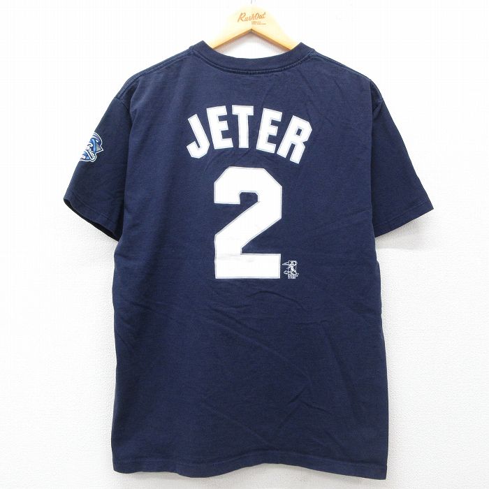 L★古着 マジェスティック 半袖 ビンテージ Tシャツ メンズ 00年代 00s MLB ニューヨークヤンキース デレクジーター コットン クルーネック USA製 紺 ネイビー メジャーリーグ ベースボール 野球 【spe】 25jul24 中古