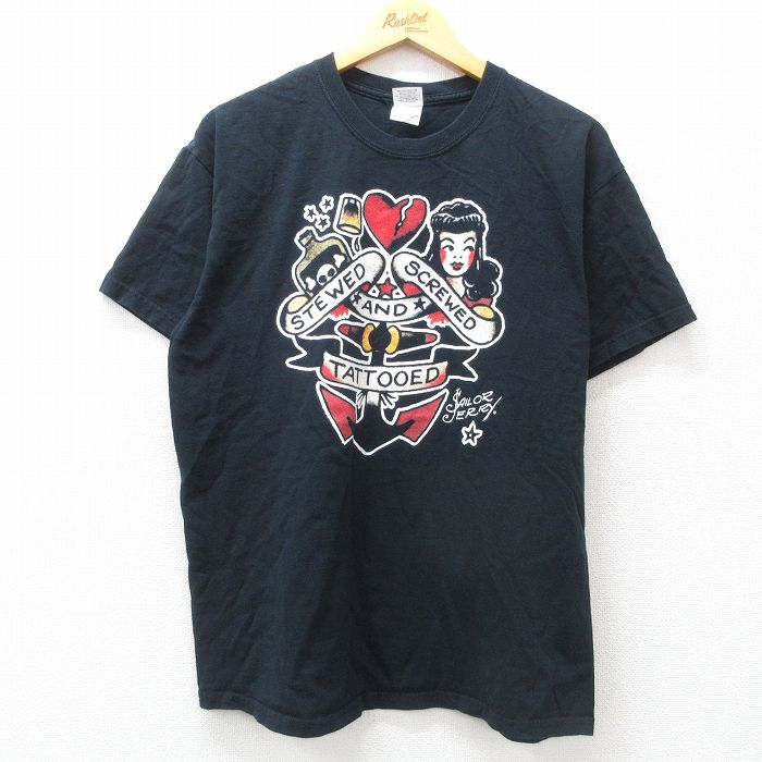 L★古着 半袖 ビンテージ Tシャツ メンズ 00年代 00s 女性 酒 コットン クルーネック 黒 ブラック 25jul19 中古