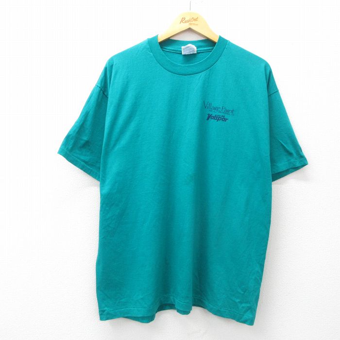 XL★古着 ヘインズ Hanes 半袖 ビンテージ Tシャツ メンズ 90年代 90s Village Paint クルーネック USA製 青緑 25jul19 中古