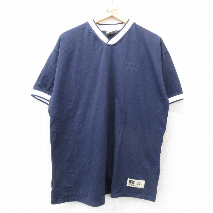 XL★古着 ラッセル 半袖 ビンテージ Tシャツ メンズ 90年代 90s ワンポイントロゴ コットン Vネック USA製 紺 ネイビー 【spe】 25jul19 中古