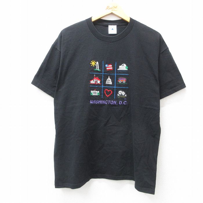 XL★古着 半袖 ビンテージ Tシャツ メンズ 00年代 00s ワシントンDC パンダ ハート 刺繍 コットン クルーネック 黒 ブラック 25jul19 中古