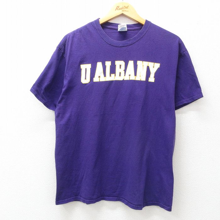 【50%OFF】L★古着 半袖 ビンテージ Tシャツ メンズ 00年代 00s オールバニー 企業広告 コットン クルーネック 紫 パープル 25jul19 中古