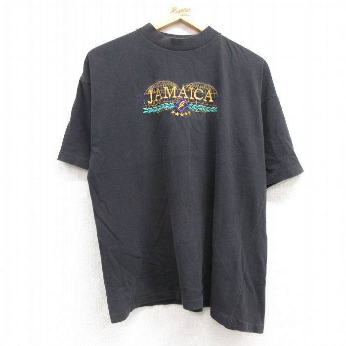 L★古着 半袖 ビンテージ Tシャツ メンズ 90年代 90s ジャマイカ 刺繍 コットン クルーネック 黒 ブラック 25jul19 中古