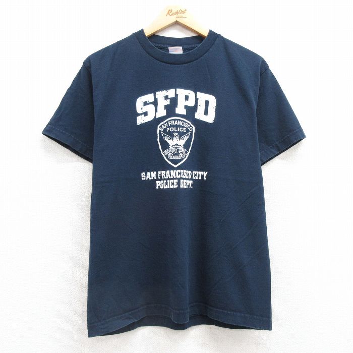 M★古着 半袖 ビンテージ Tシャツ メンズ 00年代 00s SFPD ポリス コットン クルーネック 紺 ネイビー 25jul19 中古