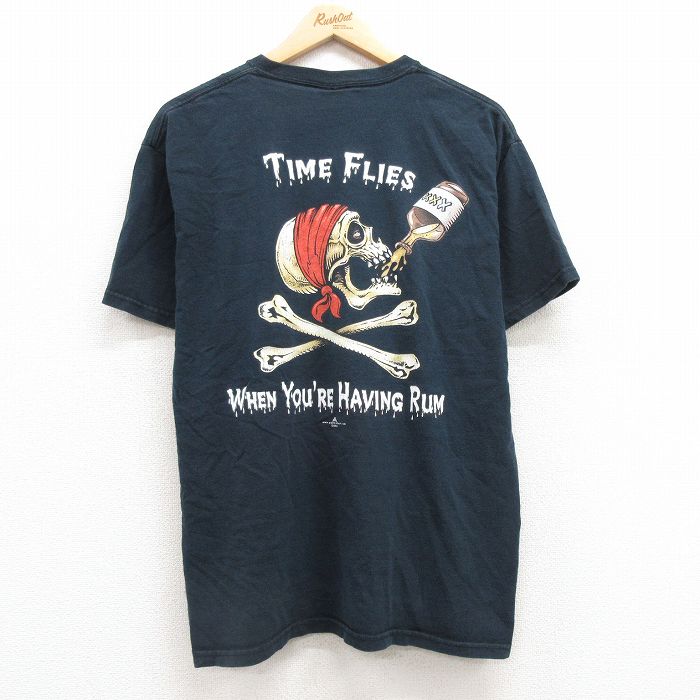 L★古着 半袖 ビンテージ Tシャツ メンズ 00年代 00s スカル コットン クルーネック 黒 ブラック 25jul19 中古