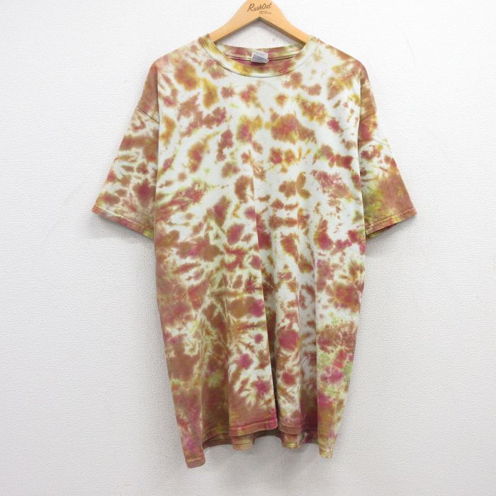 XL★古着 半袖 ビンテージ Tシャツ メンズ 00年代 00s 無地 ロング丈 コットン クルーネック エンジ他 タイダイ 25jul19 中古