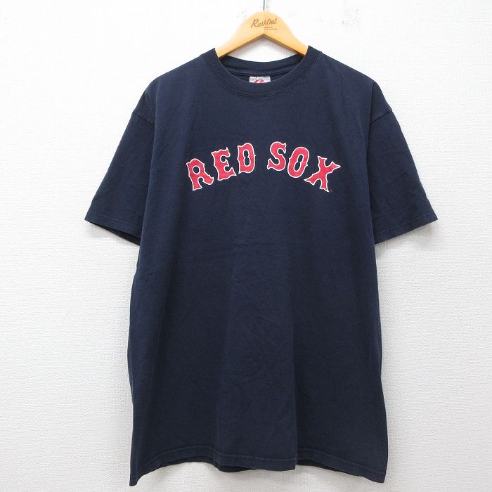 XL★古着 マジェスティック 半袖 ビンテージ Tシャツ メンズ 00年代 00s MLOB ボストンレッドソックス デビッドオルティーズ 34 コットン クルーネック 紺 ネイビー メジャーリーグ ベースボール 野球 25jul19 中古
