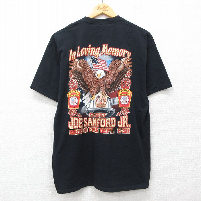 【20%OFF】XL★古着 半袖 ビンテージ Tシャツ メンズ 00年代 00s 消防署 鳥 コットン クルーネック 黒 ブラック 25jul19 中古