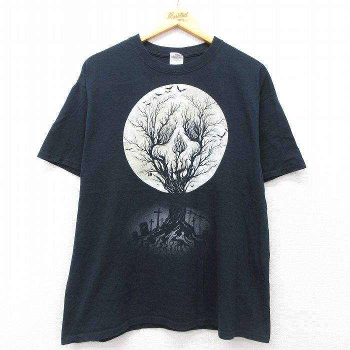 L★古着 半袖 ビンテージ Tシャツ メンズ 00年代 00s 墓 木 月 コットン クルーネック 黒 ブラック 25jul19 中古
